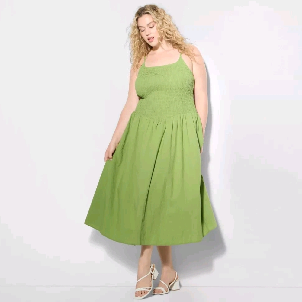 NWT Green Dropped Waist A-Line Midi Dress Size 1X